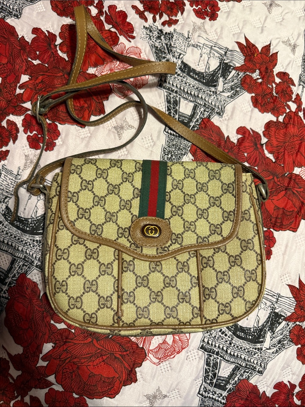 Gucci Beige GG Canvas Messenger Bag with Web Stripe not sure if its authentic